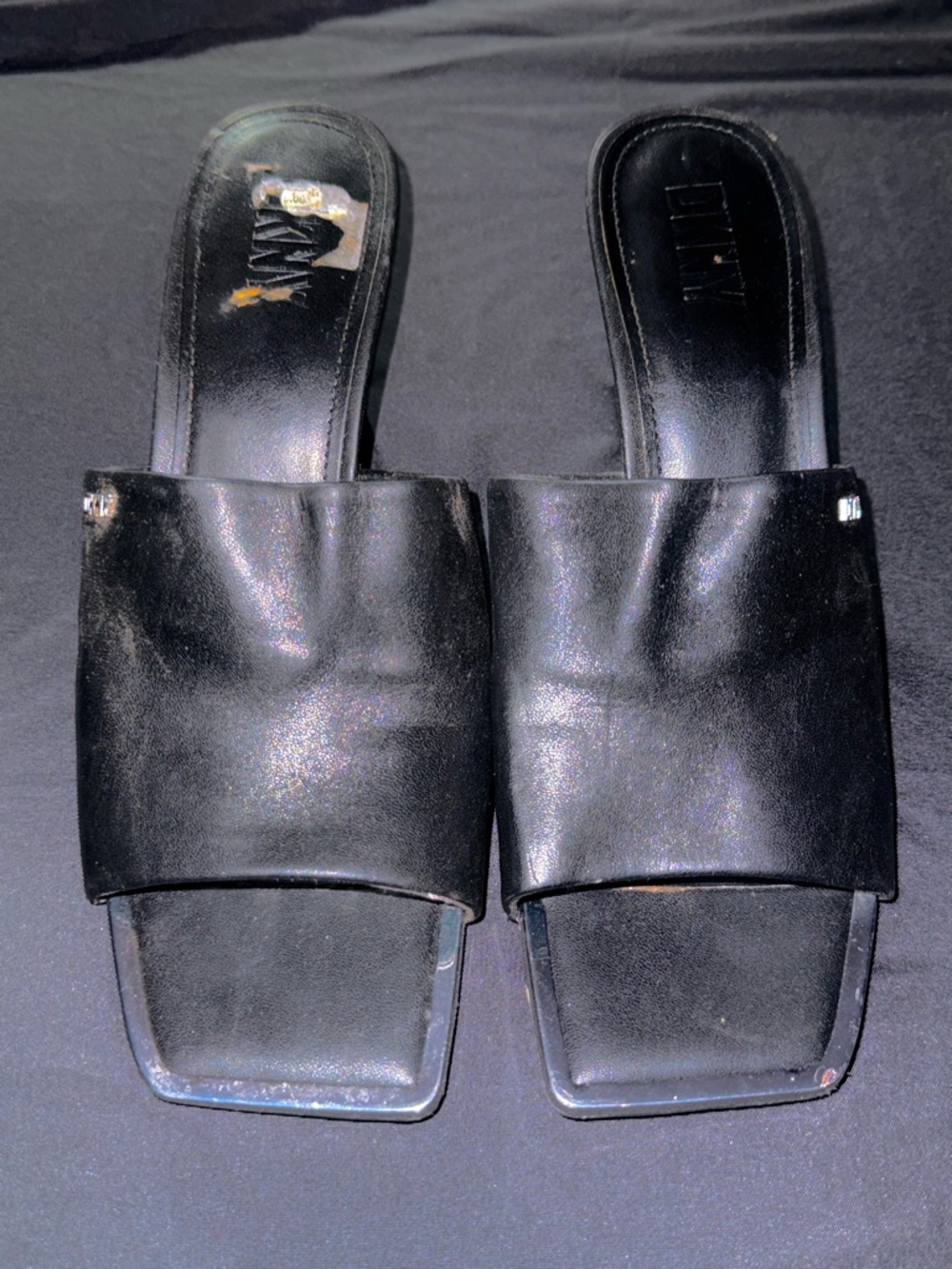 DKNY Black Leather Square-Toe Slide Mules
